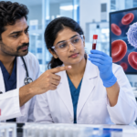 Laboratory clinicians reviewing a blood sample and complete blood count cell types