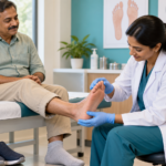 Clinician examining the foot of an Indian man to prevent diabetic foot ulcers