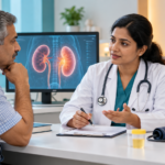 Doctor explaining diabetic kidney disease screening to an Indian patient