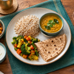 Balanced Indian meal with brown rice, chapati, dal, vegetables, curd and fruit for glycemic index guidance