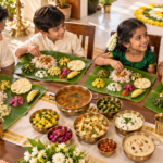 Kerala family enjoying a portion-conscious Onam Sadya served on banana leaves