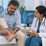 Indian man discussing big toe gout pain, uric acid and diabetes with a clinician