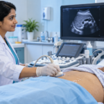 Clinician performing an abdominal ultrasound examination