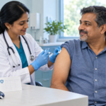 Clinician giving a routine adult vaccine to a person living with diabetes