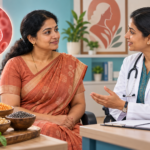 Indian woman discussing iron deficiency anaemia and blood test results with a clinician