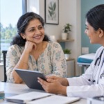 Midlife woman discussing menopause and metabolic health with a clinician