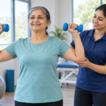 Bone-health consultation with a spine model and calcium-rich foods