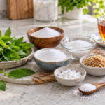 Sugar substitutes beside a glucose meter and a cup of tea